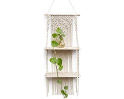 Smoakez - Zwevende Macrame Wandplank voor Boheemse Decoratie en Opbergen - Handgemaakt met 2 Lagen Geweven Planken voor Badkamerplanten en Fotolijsten - Thuisorganisator met Boho uitstraling