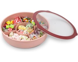 Snackbord met 5 vakken, snackschaal met transparant deksel, plastic snackbox, fruitbord van kunststof, herbruikbaar, duurzaam voor noten, desserts (blauw, roze, groen)