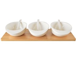 Snackkommen met Lepels Porselein Wit op Dienblad WHITELINE 32 cm 7 delig - Snackkom - Dipschalen - Set - Kleine Komen voor Dipsauzen en Snacks