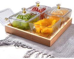 Snackschaal Set met Glazen Serveerschalen en Houten Dienblad - Perfect voor Tapas, Dips en Jams