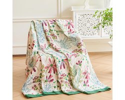 SnelShoppen - 100% Katoen Sofa Plaid 130x150cm, Dubbelzijdige Luxe Bloemen Plaid voor Eenpersoons Zitbank, Fauteuil, Bank en Bedsprei, Groen