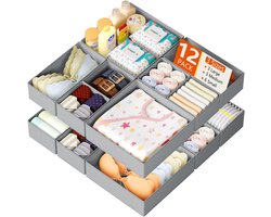 SnelShoppen - 12 Stuks Lade Verdeler - Organizer voor Kleding, Speelgoed en Accessoires - Grijze Stoffen Opberging voor Kinderkamer, Slaapkamer, Kaste