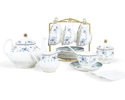 SnelShoppen - 15-delig Blauwe Roos Porseleinen Theeservies, Britse Bloemen Theepot met Theekopjes voor 6 Personen, Perfect voor Theekransjes en Feestj