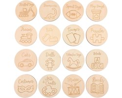 SnelShoppen - 16 Stuks Ronde Houten Opberglabels voor Organisatie en Sortering, Decoratieve Labels voor Opbergdozen en Bakken, Houten Labels voor Thui