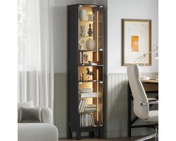 SnelShoppen - 180cm Glazen Vitrinekast LED, 8 Lagen Smalle Display Kast Staand, Houten Verzamelvitrine met Verstelbare Glasplanken en Glasdeur, Modern