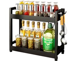 SnelShoppen - 2-Tier Keuken Kruidenrek met Werkblad en 4 Haken, Staand Kruidrek voor Keuken, Kantoor, Slaapkamer, Badkamer - Zwart