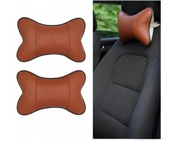 SnelShoppen - 2Pcs Auto Ne k Pillow, PU Leder Hoofdkussen, Zacht Ademend Auto Cervicale Kussen voor Auto Zitplaats Hoofsteun (Bruin)