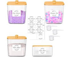 SnelShoppen - 3 + 1 Wasmiddelboxen met Bamboe Deksel, Schep en Labels - Transparante Opbergdozen voor Waspoeder en Geurparels - Perfect voor Huishoude