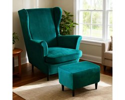 SnelShoppen - 3-delige Oorfauteuilhoes met Voetensteunhoes - Wasbare Stoelhoes voor Oorfauteuil en Voetenbank - Extra Zacht Materiaal - Smaragdgroen v
