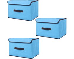 SnelShoppen - 3 Opvouwbare Opbergdozen met Deksel - Linnen Stoffen Organizer Box voor Kleding, Speelgoed en Textiel - Blauw 26×19×16cm