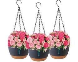 SnelShoppen - 3 Stuk Hangende Bloemenpotten voor Buiten en Binnen, Grijze Bloemenhangers met Afvoergaten en Onderstellers, Ideaal voor Planten in Tuin
