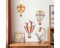 SnelShoppen - 3D Houten Heteluchtballon Wanddecoratie Set - 3-delige Muurkunst met Boho Charme - Licht en Kleurrijk Hout voor Woonkamer en Slaapkamer