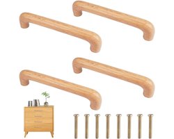 SnelShoppen - 4 Stuks Houten Kast Handgrepen | Natuurlijke Houten Handvatten voor Keukenkasten, Meubels en Kantoor | 128 mm Gatafstand, Inclusief Schr