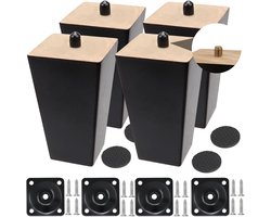 SnelShoppen - 4 stuks houten meubelpoten, zwarte vierkante massief houten poten voor fauteuil, kast, sofa, stoel, bank, dressoir, bed, kast (10 cm)