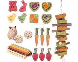 SnelShoppen - 42 stuks konijnenspeelgoed, hamsteraccessoires, natuurlijk bijtspeelgoed, Timothy hooisticks, wortelen, rozengras, diervormige taarten,