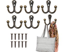 SnelShoppen - 5 Stuks Vintage Kledinghaken Dubbele Haken Kapstokken Antieke Haken Zware Kwaliteit met Schroeven voor Badkamer, Toilet, Keuken (Brons)