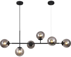 SnelShoppen - 6-Lichts Mid Century Modern Rechthoekige Sputnik Kroonluchter Zwart Lineaire Kroonluchter Met Rookglazen Kappen Voor Vintage Keuken Eila