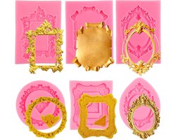 SnelShoppen - 6 Pcs Siliconen Fondant Mallen, Vintage Foto Frame Mallen in 6 Maten, Roze Silicone Mallen voor Taartdecoratie, Feestdecoratie en Bakken