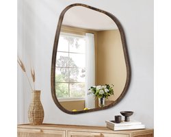 SnelShoppen - Asymmetrische Wandspiegel met Houten Lijst, Onregelmatig Ovale Vorm, Modern Design, Decoratie voor Woonkamer, Slaapkamer, Badkamer, Hal,