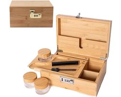 SnelShoppen - Bamboo Storage Box - Lockable 18L Opbergdoos met Combinatielock, Houten Opbergbox met Verwijderbare Lade en Glazen Cup voor Slaapkamer,