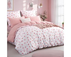 SnelShoppen - Beddengoed Set 220 x 240 cm Roze Microvezel Dekbedovertrek met Hartjes, 3-delig, Zacht en Strijkvrij met Ritssluiting voor Kinderen en F