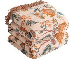 SnelShoppen - Boho Deken 100% Katoen Dubbelzijdige Mousseline 150x200 cm Behaaglijke Bankdeken en Bedsprei Oranje/Groen Esthetisch Design voor Woonkam