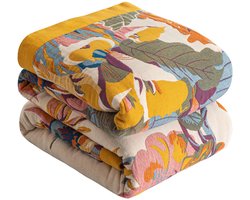 SnelShoppen - Boho deken 100% katoen, grote dubbelzijdige mousseline sprei 230x250 cm, oranje/groen, behaaglijke bankdeken en sprei voor woonkamer en
