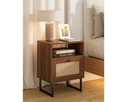 SnelShoppen - Boho nachtkastje kleine rotan bijzettafel met lade eiken rek voor slaapkamer woonkamer kantoor roze rotan