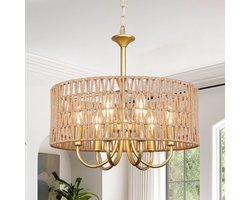 SnelShoppen - Boho Rattan Kroonluchter, 6-Lichts Moderne Bruin-Gouden Grote Kroonluchters, Rustieke Boerderij Handgeweven Hanglamp voor Woonkamer Slaa