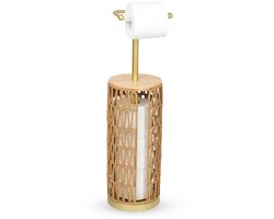 SnelShoppen - Boho Toiletrolhouder met Opbergrek - Vrijstaande Rotan Wc-rolhouder voor 4 Rollen Toiletpapier - Gouden Badkameraccessoire voor Stijlvol