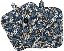 SnelShoppen - Bonthee Pot Holders Keuken - Warmtebestendige Oven Handschoenen - Katoenen Pothouders voor Koken en Bakken - Blauwe Bladeren - Inclusief