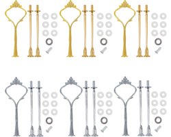 SnelShoppen - Cake Etagère Set van 6 - 2 tot 3 Laags Bruiloft Etagère - 3 Laags Zilver en Goud - Hoogwaardige Zink Legering - Perfect voor Feesten en
