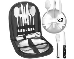 SnelShoppen - Camping Bestek Set voor 2 Personen, 11-delig RVS Camping Servies, Perfect voor Kamperen, Hiking en Outdoor Activiteiten, Compleet met Bo