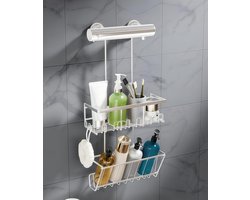 SnelShoppen - Double Shower Shelf zonder boren, extra opbergruimte, doucheplank voor faucetmontage, met meerdere haken, stabiel, zilver, 2-laags ontwe