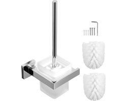 SnelShoppen - EXLECO Glazen Toiletborstel met 2 Vervangborstels, Frosted Glazen Houder, Wandmontage, Hygiënische Toiletset met Lange Handgreep en Poli