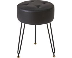 SnelShoppen - Faux Lederen Ronde Voetsteun Make-up Ijdelheid Bijzettafel PU Kaptafel Stoel Poef Bank Zwart met Gouden Stalen Poten L/G-31B