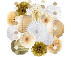 SnelShoppen - Feestdecoratie Set - Wit & Goud Tissue Pom Poms, Papieren Lantaarns, Hangende Papieren Fans, Honeycomb Versiering voor Bruiloft, Verjaar