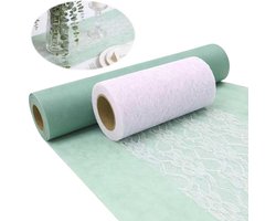 SnelShoppen - Fleece Tafelrunner Eucalyptus Groen 30cm x 15m & Kanten Tafelrunner Wit 15cm x 12m - Tafeldecoratie Set voor Feest, Verjaardag, Bruiloft