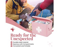 SnelShoppen - Flexzion Medicijnbox, Huisapotheekbox, Apotheekbox van Metaal, 31 x 21 x 19 cm, Roze, Met Afneembaar Dienblad en 5 Vakken voor Noodgeval
