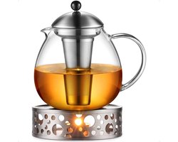 SnelShoppen - Glastal 1.5L Zilveren Theepot Set met Stoof, Glazen Theemaker en RVS Theewarmers voor Keuken, Feest en Tuin