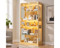SnelShoppen - Glazen Vitrinekast met LED Verlichting, Vrijstaand Display Cabinet van Natuurlijk Hout, 5 Legplanken, 2 Glazen Deuren, 165x80cm voor Woo
