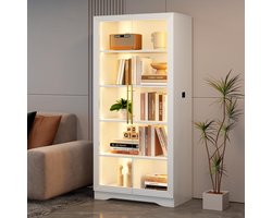 SnelShoppen - Glazen vitrinekast met ledverlichting 165 cm, vitrinekast met glazen deuren, 4 displayplanken, 3 kleuren licht, wit houten vitrine voor