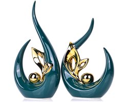 SnelShoppen - Groen Decoraccent Porseleinen Kunst Midden Eeuw Moderne Groene en Gouden Decoraties - Abstract Keramisch Standbeeld Sculptuur voor Salon