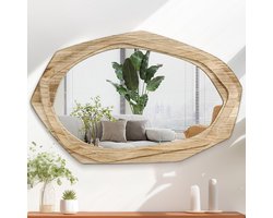 SnelShoppen - Grote onregelmatige wandspiegel met houten frame 70x45 cm, rustieke asymmetrische hangspiegel voor badkamer, slaapkamer, woonkamer, entr