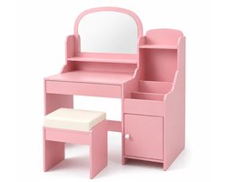 SnelShoppen - Hoopyosms Kaptafel voor Kinderen met Spiegel en Kruk, Houten Meisjes Kaptafel in Roze met Kast en Planken, Perfect voor Speelgoed en Acc