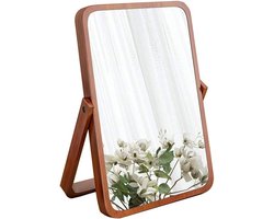 SnelShoppen - Houten frame tafelspiegel met standaard, make-upspiegel, vouwspiegel, HD-rechthoekige staande spiegel in bruin voor badkamer, bureau en