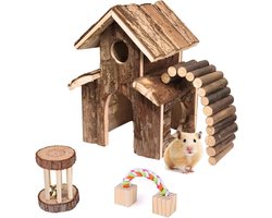 SnelShoppen - Houten Villa Speelhuis voor Kleine Dieren met Ladder en Roller, Geschikt voor Chinchilla's, Cavia's, Gerbils, Dwerghamsters en Egels - N