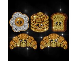 SnelShoppen - IJzeren Opstrijkstickers Ontbijt Voedsel Set met Strass Steentjes - Gebakken Ei, Pannenkoeken, Toast, Croissant - Leuke Gezichtjes voor