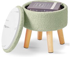 SnelShoppen - Kleine voetenbank rond met opbergruimte, teddy fluweel poef met gevoerde zitting en houten poten, mini voetensteun voor woonkamer, slaap