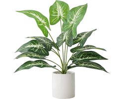 SnelShoppen - Kunstplant in Witte Keramieken Pot - Nepplant voor Binnen en Buiten - Groene Plant met Witte Bloem voor Bureau, Kast, Badkamer, Slaapkam